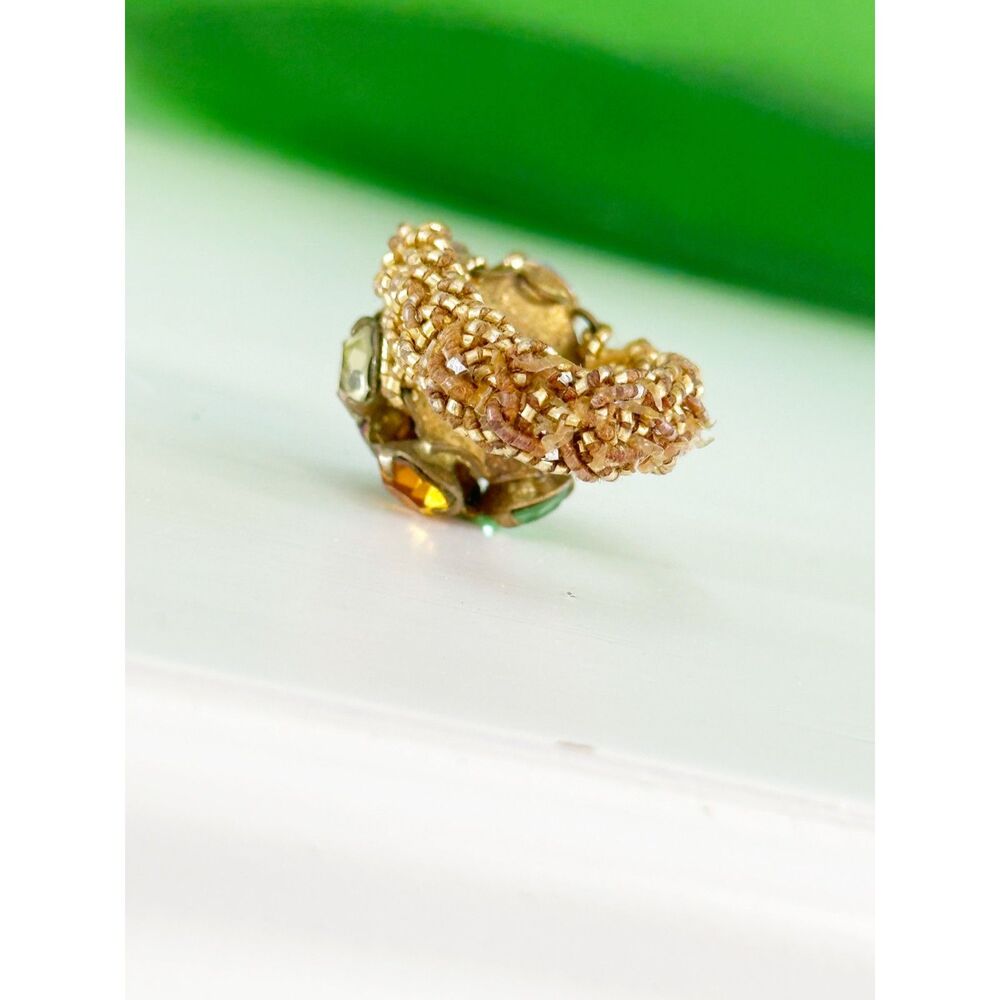 Vintage Cluster Ring Gold Tone Woven Stretchable Colorful Rhinestone Cluster - Picture 3 of 5
